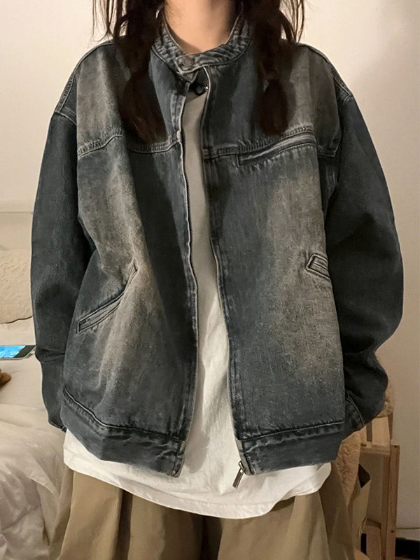 R&B | Blau Verwitterte Jacke mit Reißverschluss