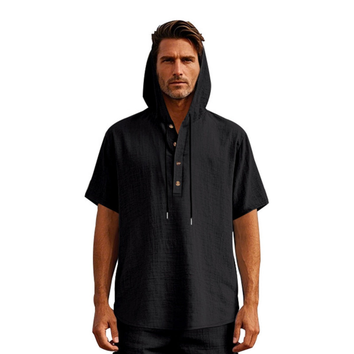 R&B | Leinen-Knopf-Strand-Kapuzen-Henley-Shirt
