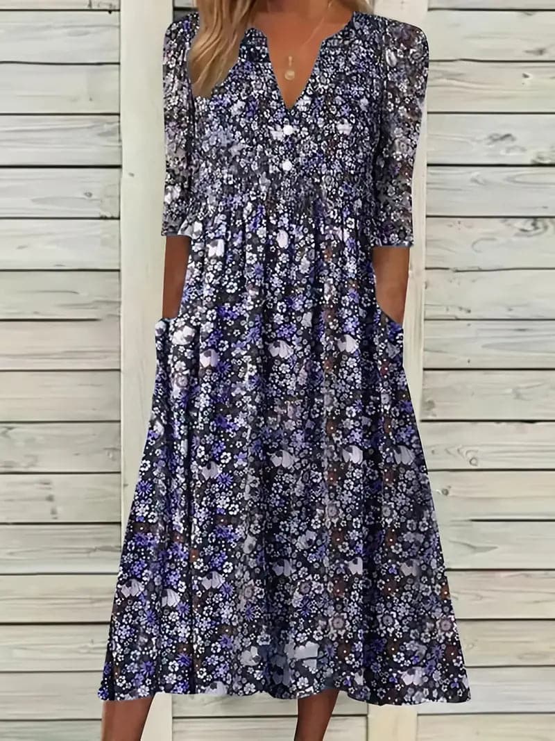 R&B | Midikleid A-Linie Passform V-Ausschnitt 3/4 Ärmel Blumenmuster