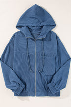 Blaugrüne Cordjacke Mit Kordelzug Und Kapuze Und Reißverschluss