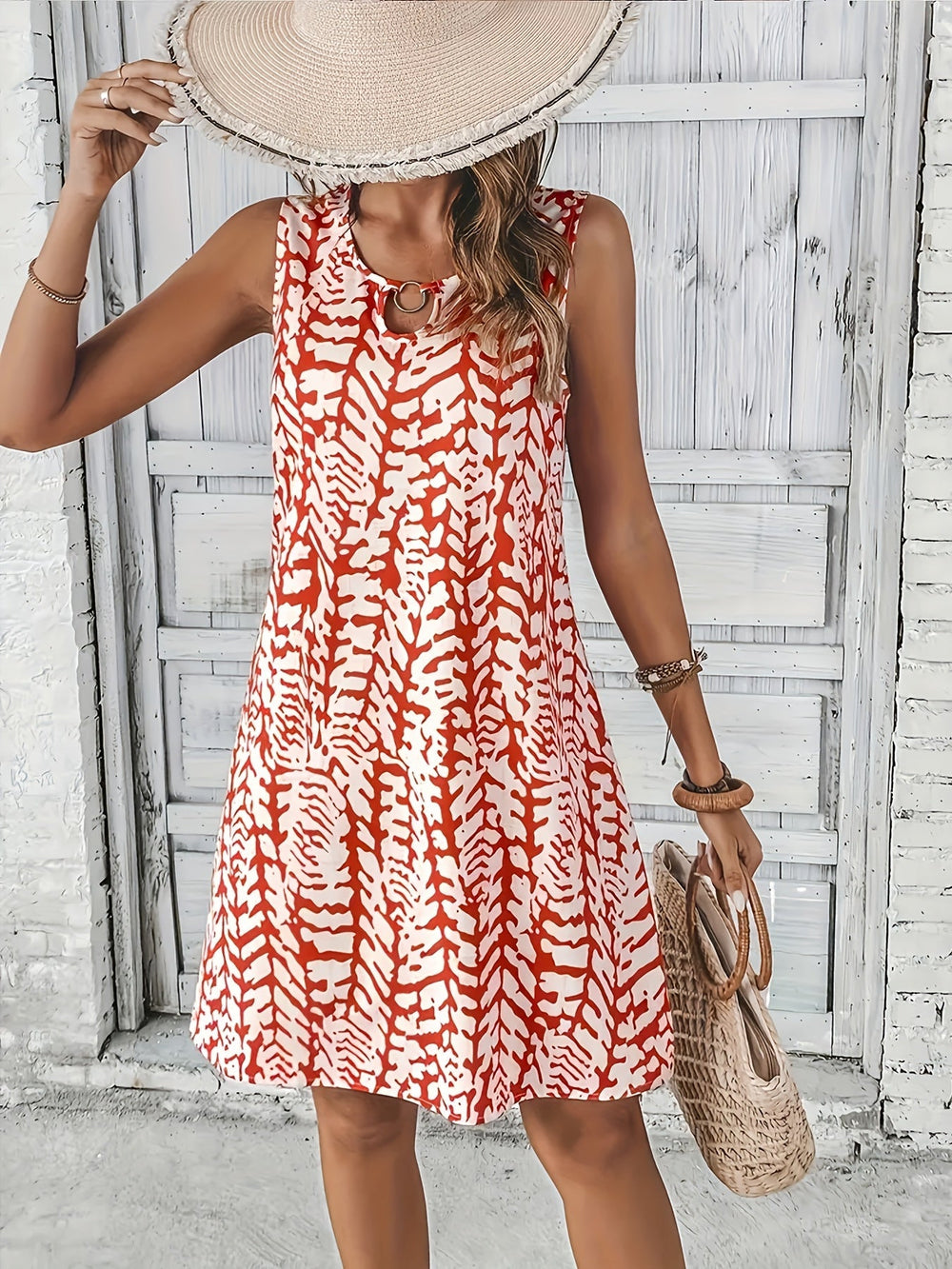 R&B | Sommerkleid mit Print Ohne Ärmel, V-Ausschnitt, A-Linie, Leicht und Elegant