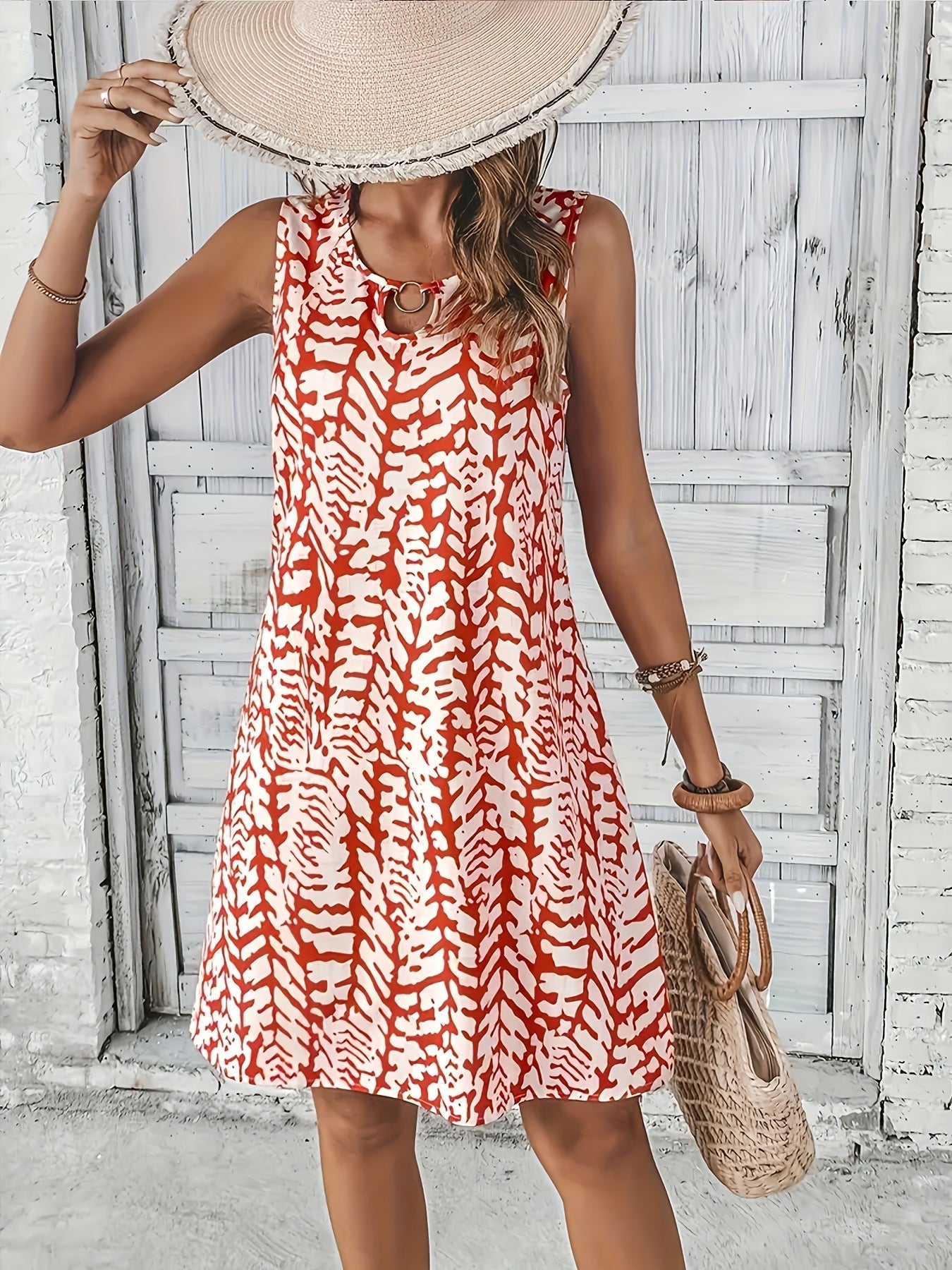 R&B | Sommerkleid mit Print Ohne Ärmel, V-Ausschnitt, A-Linie, Leicht und Elegant