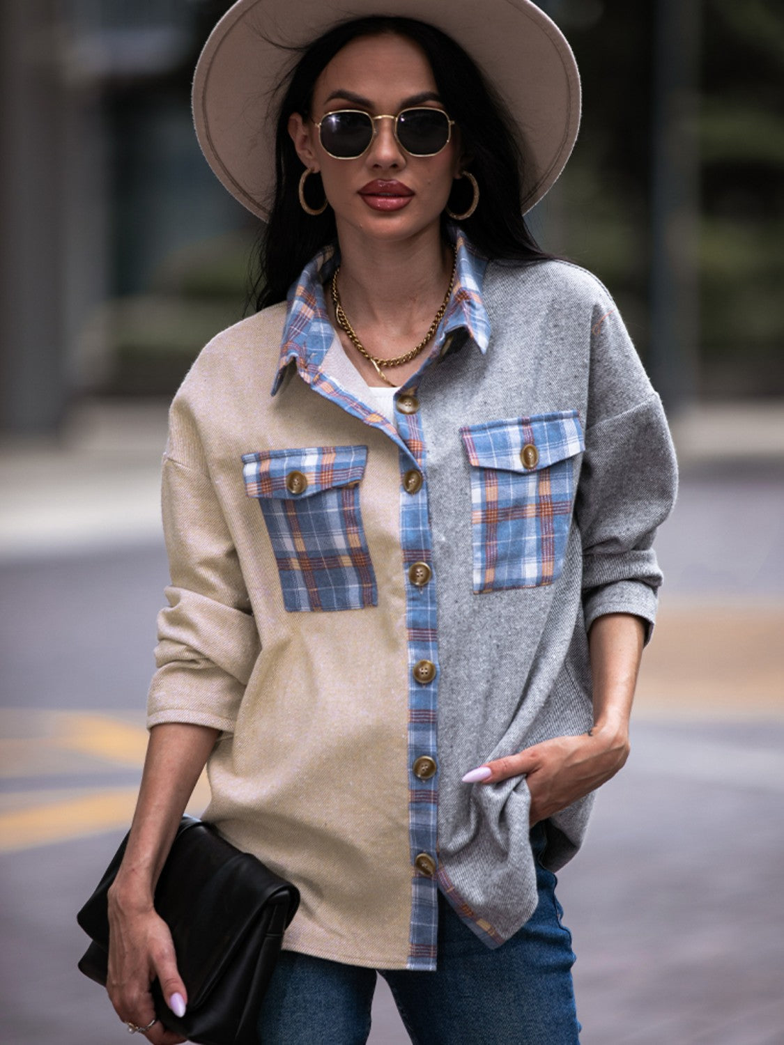 R&B | Karo Kontrast Drop Shoulder Shacket