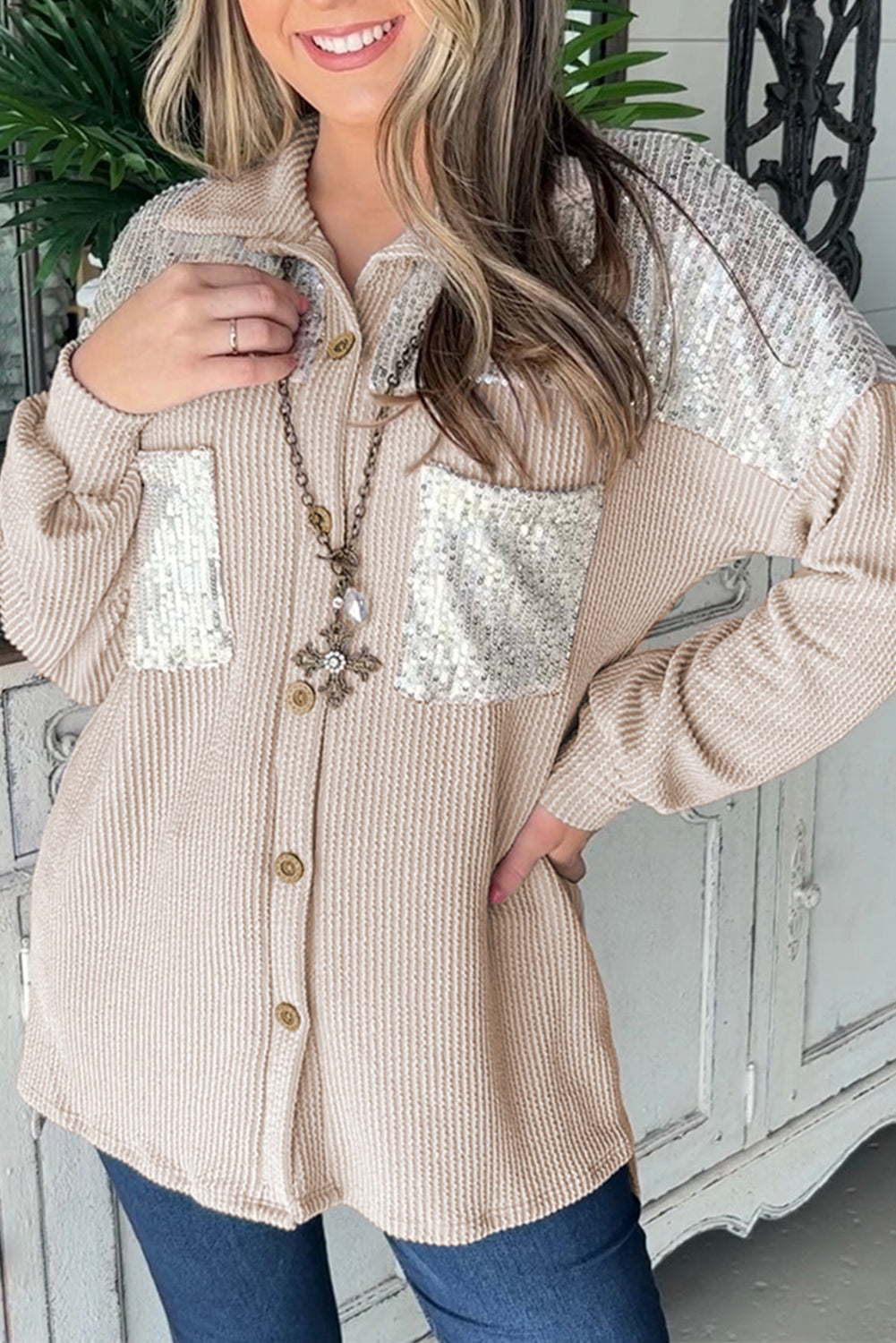 R&B | Rippierte Hemdbluse mit Silber Pailletten Polyester-mischung Elegant und Festlich