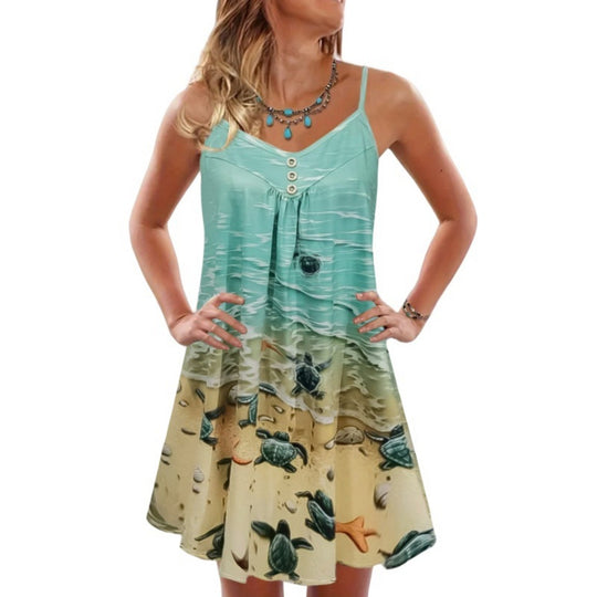 R&B | Bedrucktes lockeres Strandkleid mit ärmellosen Trägern