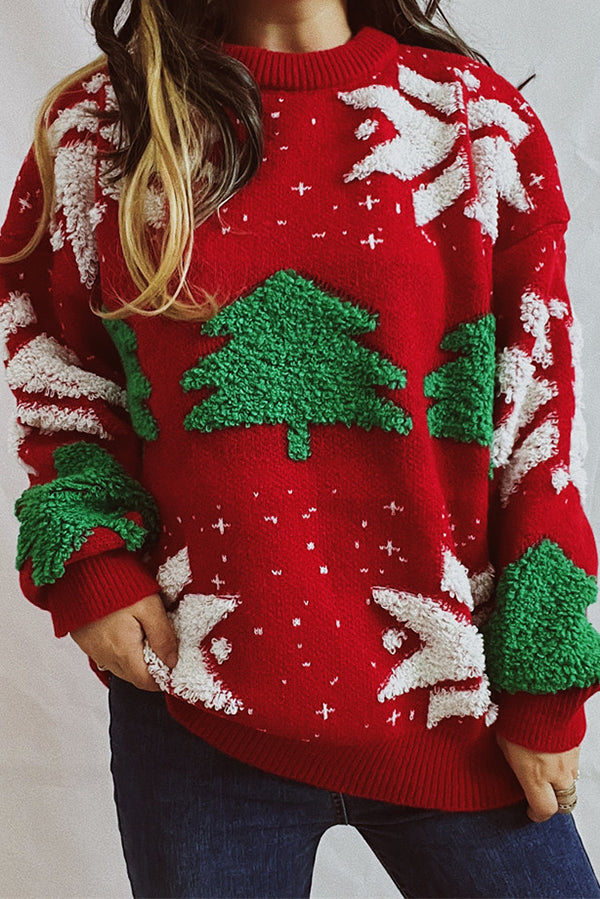 R&B | Weihnachtsmuster Gestrickter Rundhalsausschnitt Langarmpullover