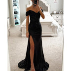 Glitzerndes Damen Abendkleid Schulterfreies Maxikleid mit Schlitz für Hochzeit & Fest | R&B