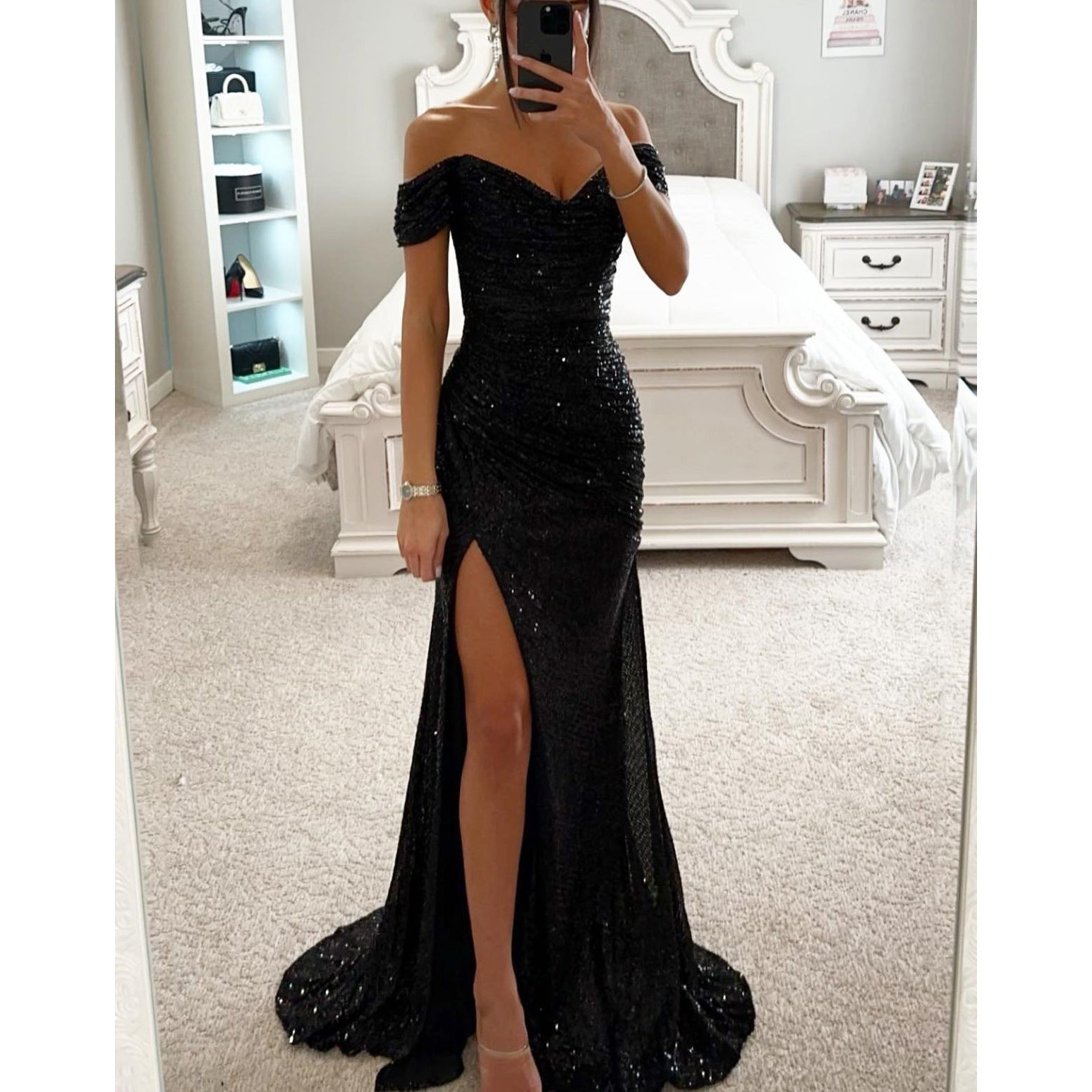 Glitzerndes Damen Abendkleid Schulterfreies Maxikleid mit Schlitz für Hochzeit & Fest | R&B