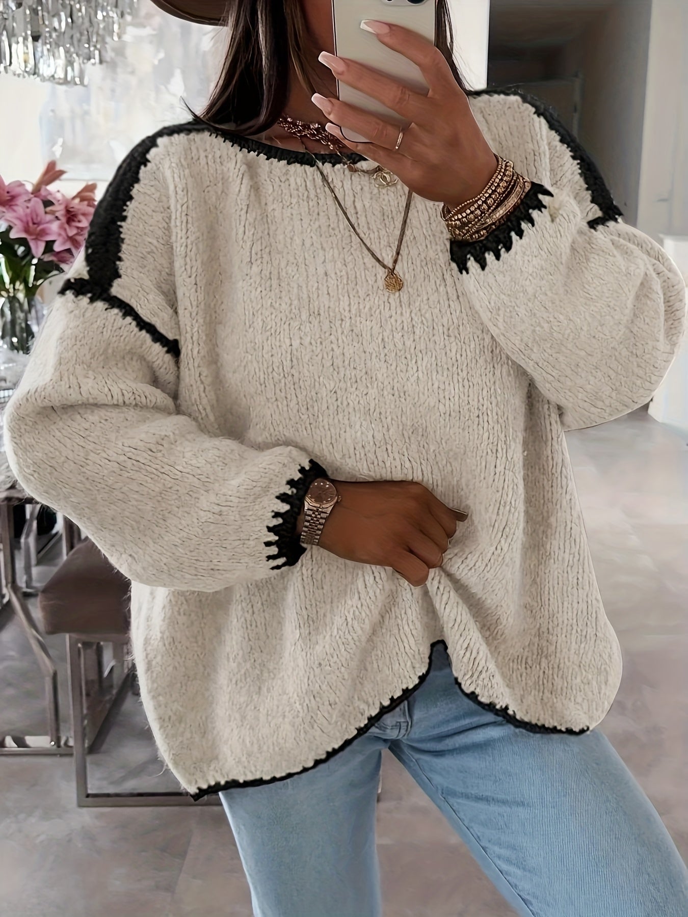 R&B | Lockere Strickpullover Weich und Gemütlich Einzigartige Häkel-details