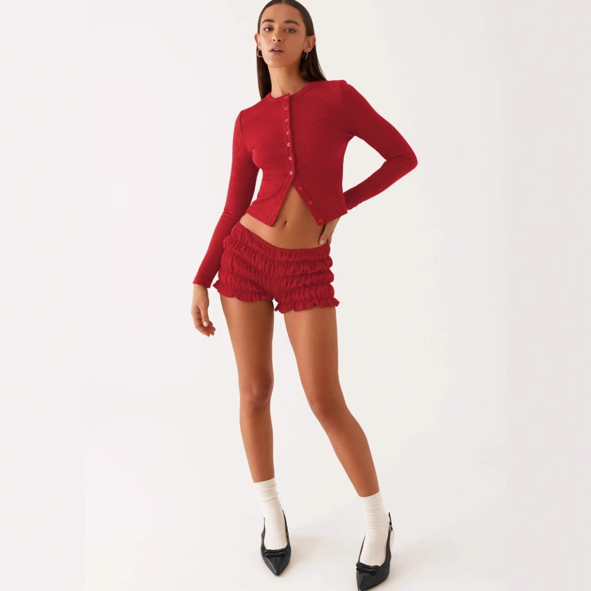 R&B | Einfarbige schmal geschnittene lange Strickjacke