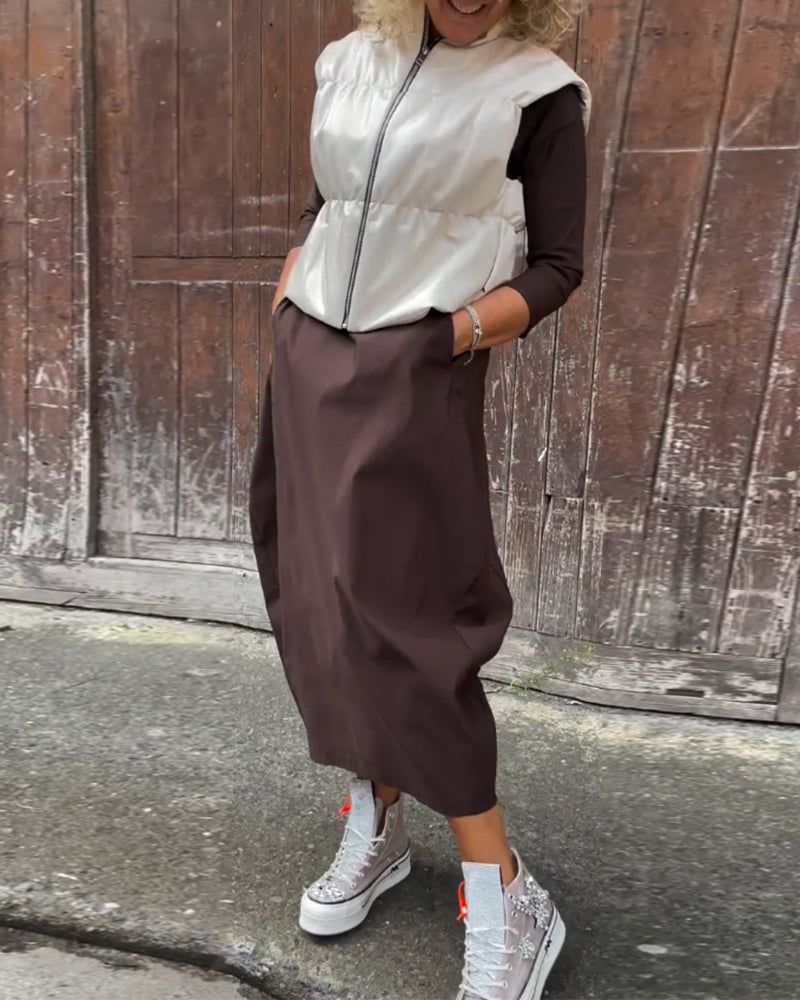 R&B | Schlichtes Einfarbiges Elegantes Kleid mit Langen Ärmeln und Tasche