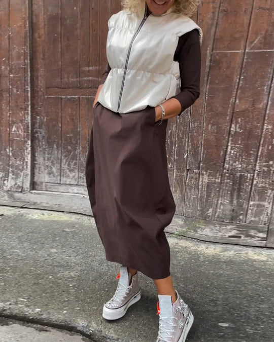 R&B | Schlichtes Einfarbiges Elegantes Kleid mit Langen Ärmeln und Tasche