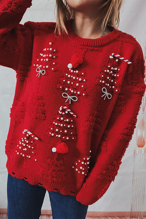 R&B | Weihnachtsmuster Gestrickter Rundhalsausschnitt Langarmpullover