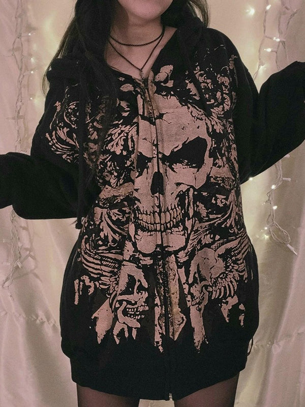 R&B | Vintage Schädelprint Oversized Hoodie mit Reißverschluss