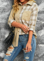 R&B | Karierte Farbblock Gefallen Schulter Corduroy Shacket