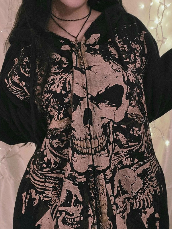R&B | Vintage Schädelprint Oversized Hoodie mit Reißverschluss