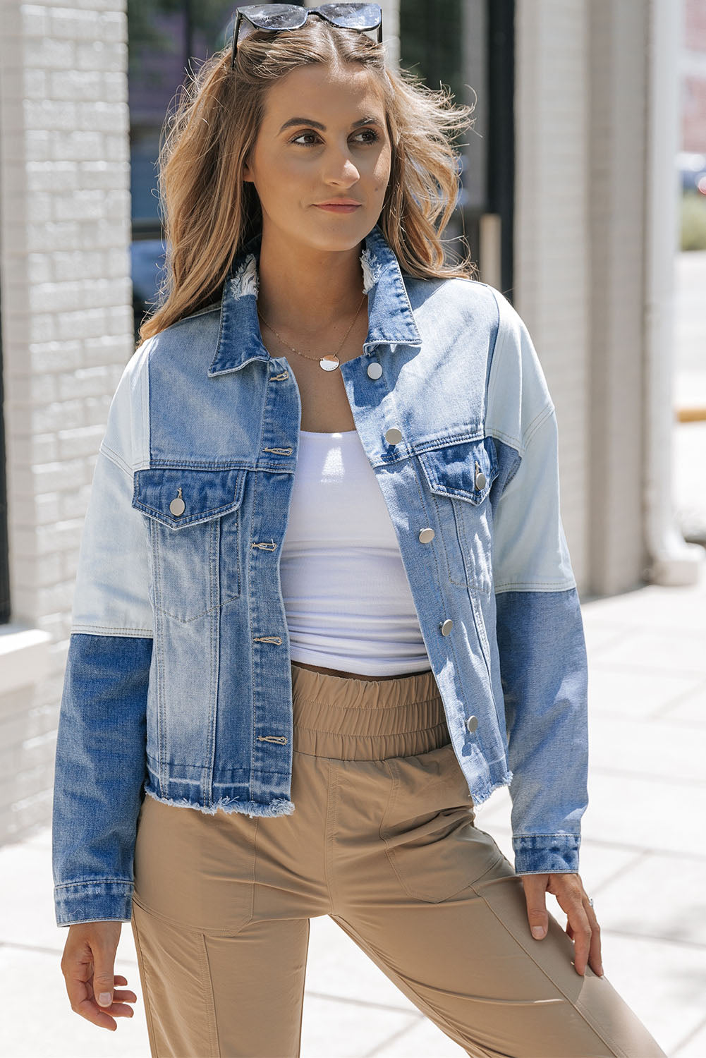 R&B | Denimjacke mit Patchwork und Fransigem Saum Herbst Frauen