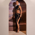 R&B | Ärmelloses, eng anliegendes, hohles Kleid mit geteiltem Ende