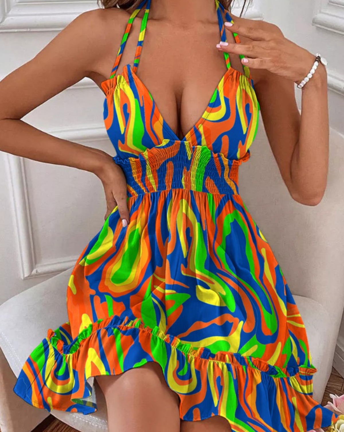 R&B | Tiefes V-Seil-Sling-Neckholder-Kleid