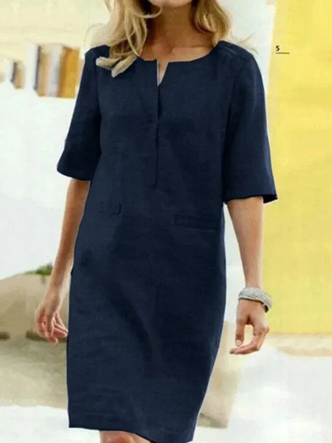 R&B | Damen Kurzarm Baumwolle und Leinen Kleid