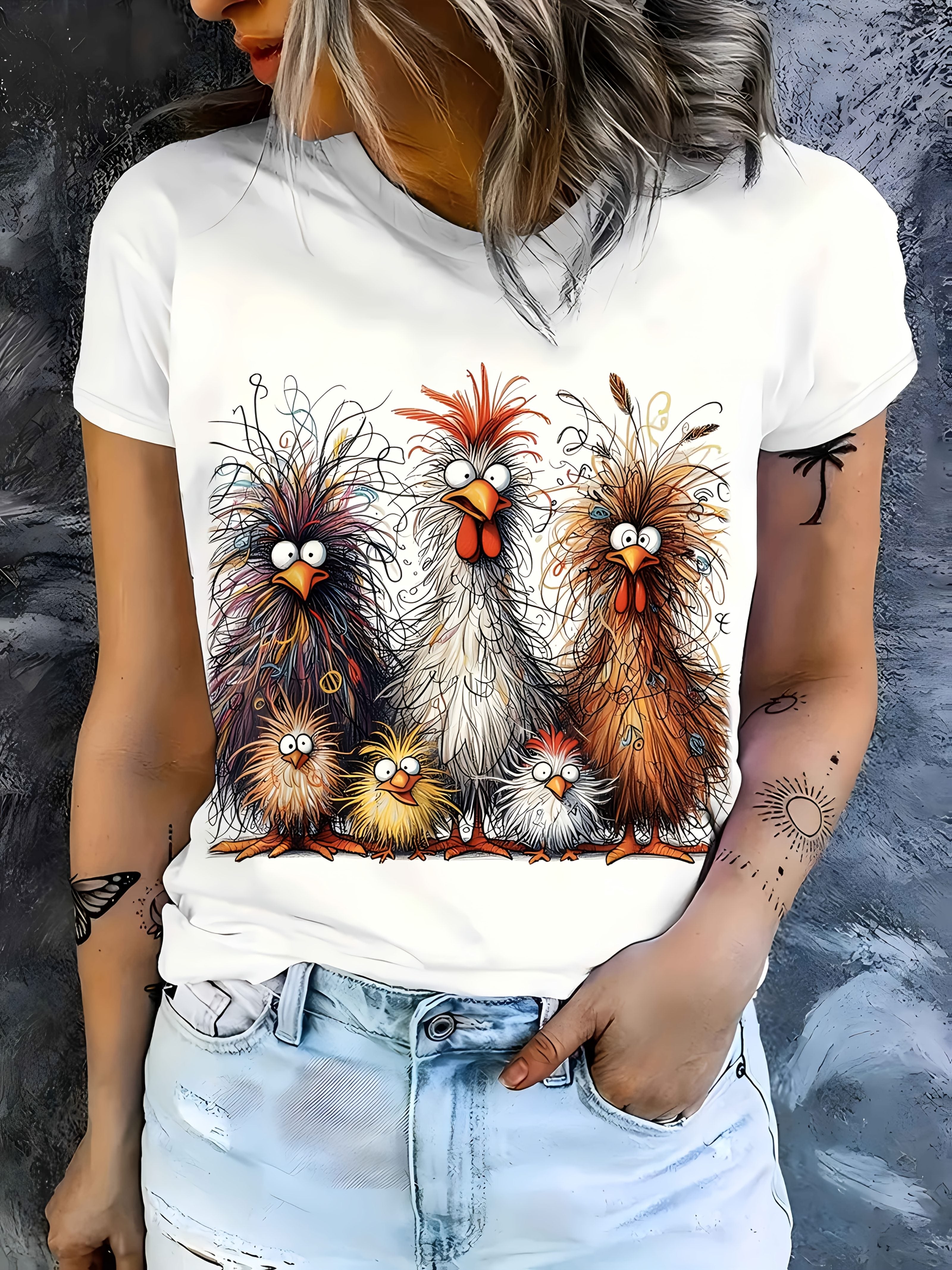R&B | Damen T-Shirt Sommershirt mit Hühnerdruck, Rundhalsausschnitt, Kurze Ärmel, Lässig und Komfortabel