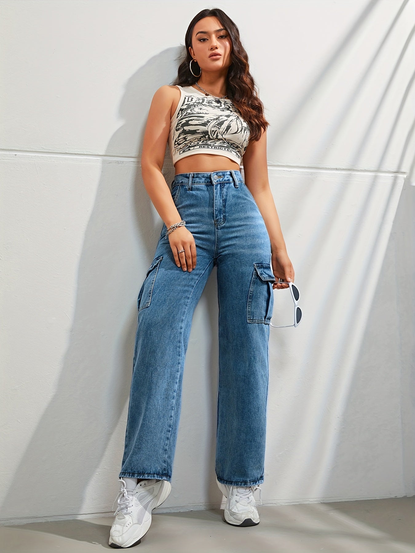 R&B | Hochgeschnittene Denim Cargo-Hose