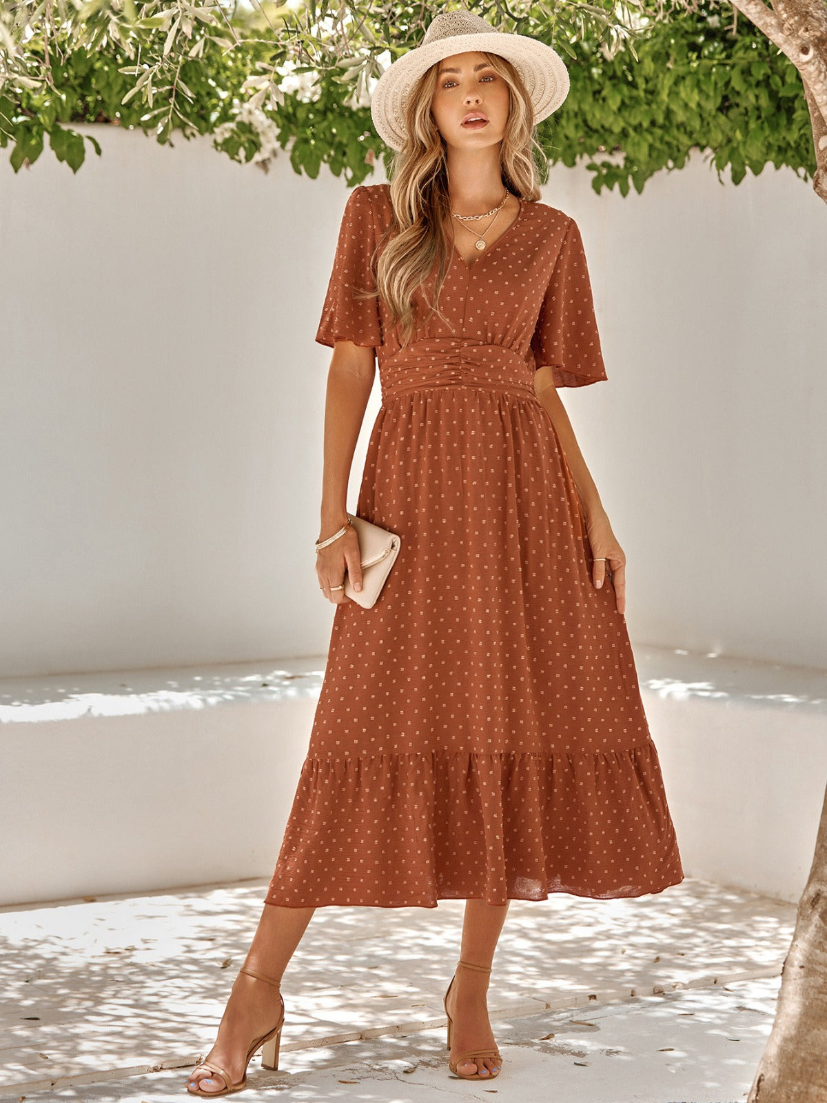R&B | V-Ausschnitt Lotusblatt Ärmel solide Farbe Kleid Frauen