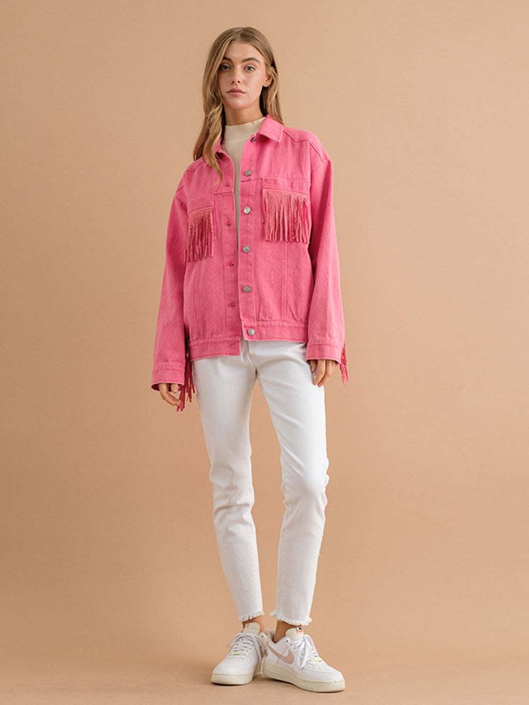 R&B | Fransen-Detail Gefallene Schulter Denimjacke