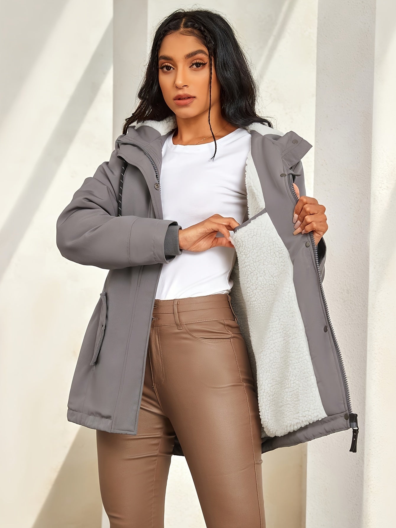 R&B | Grau Casualen Winter mit Kapuze Aus Kunstpelz für Frauen Ideal für Herbst Winter