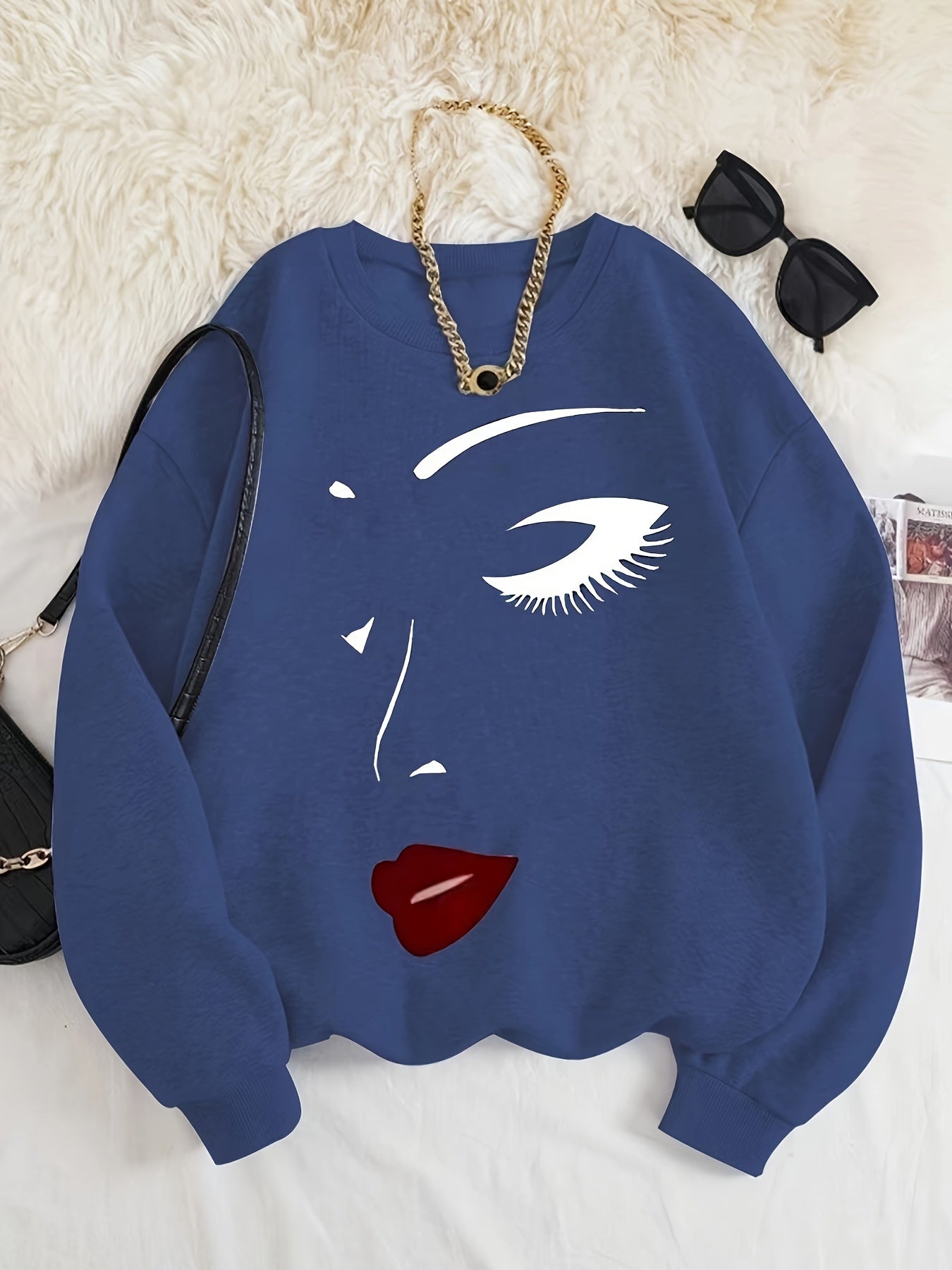 R&B | Sweatshirt mit Gesichtsdruck Baumwolle Künstlerisch und Bequem