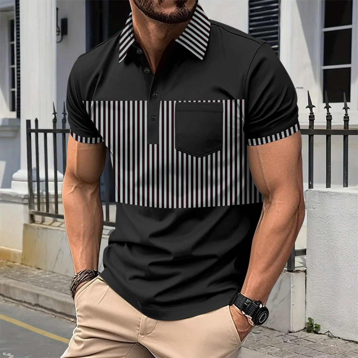 R&B | Tasche Knopf Revers gestreiftes Farbschema T-Shirt