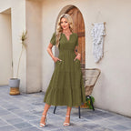 R&B | Kleid mit V-Ausschnitt und plissierten Blasenärmeln