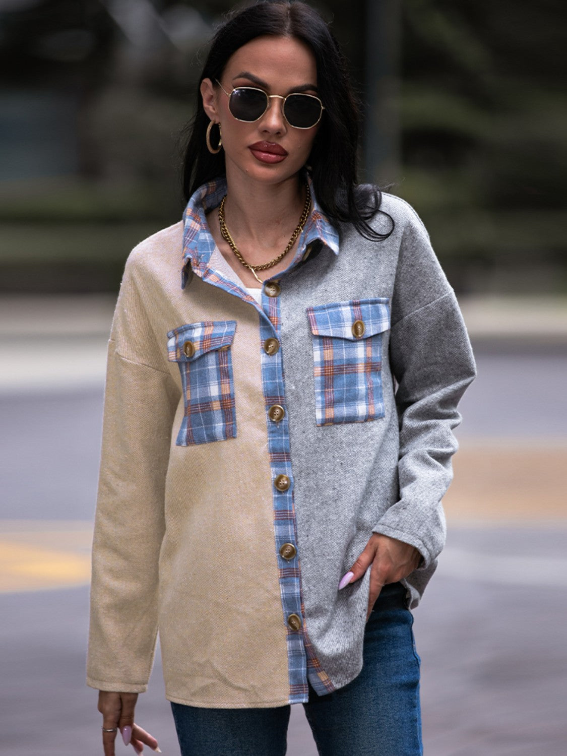 R&B | Karo Kontrast Drop Shoulder Shacket