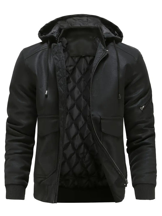 R&B –  Winddichte PU Winterjacke für Herren mit Kapuze