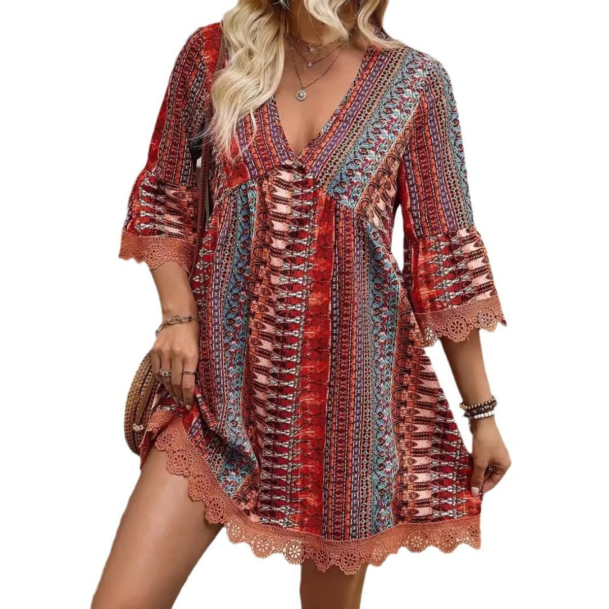 R&B | Bedrucktes Freizeitkleid mit V-Ausschnitt