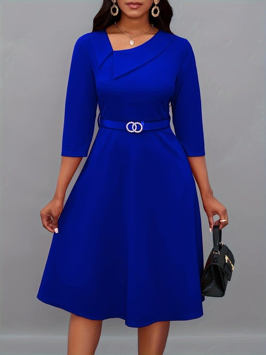 R&B | Einfarbige Asymmetrische Halsgürtel 3/4 Ärmel Festliches Kleid Für Frauen - Ideal Für Alle Jahreszeiten