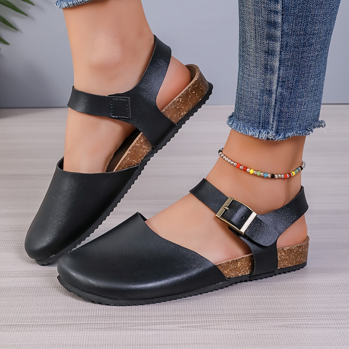 R&B | Retro Damen Slingback Sandalen mit Kork und Geschlossener Spitze