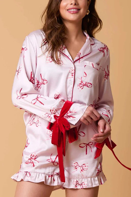 R&B | Weihnachten Mode Gedruckte Fliege Oberteil und Elastischer Taillen Rüschenshorts Set