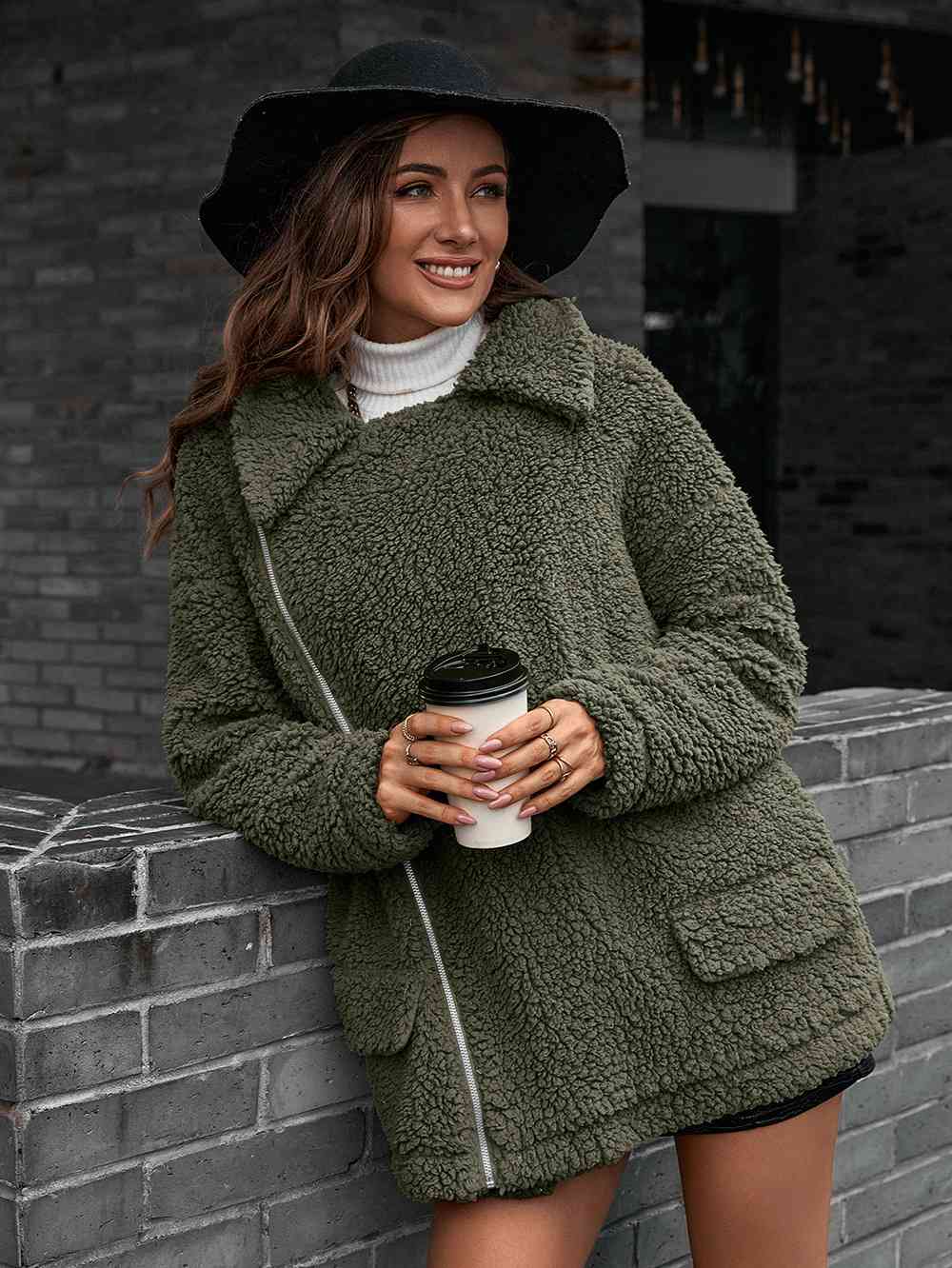 R&B | Double Take Zip up Teddy Jacke mit Kragen