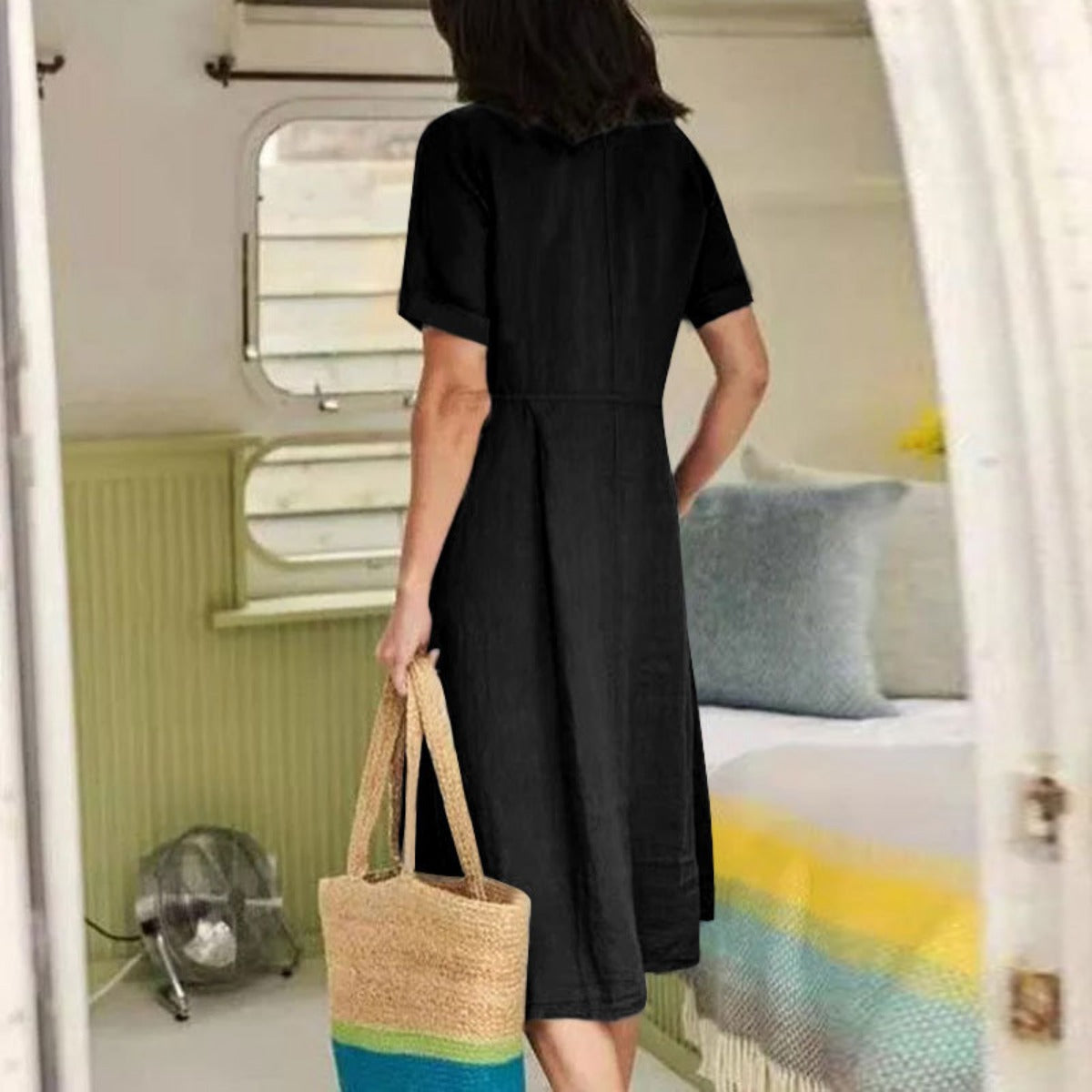 R&B | Lockeres Kleid aus Baumwolle und Leinen mit hoher Taille