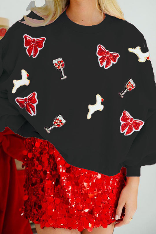 R&B | Weihnachtsbogen-Wein-Glas Pailletten Lockere Lange Ärmel Sweatshirt