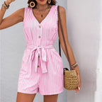 R&B | Einfache ärmellose gestreifte Jumpsuit-Shorts mit V-Ausschnitt