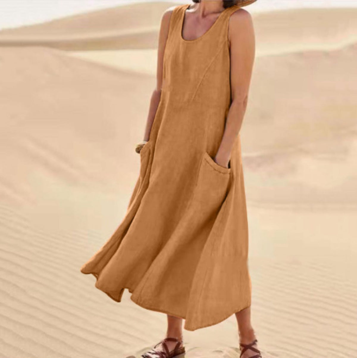 R&B | Ärmelloses Kleid aus Baumwolle mit Rundhalsausschnitt und Tasche