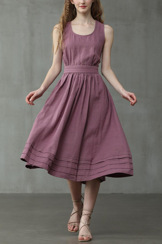 R&B | Cross Back O-Hals Maxikleid Leinen