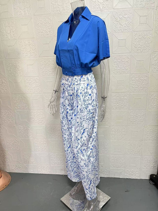 R&B | Zweiteiliges Set mit V-Ausschnitt und Hose mit weitem Bein