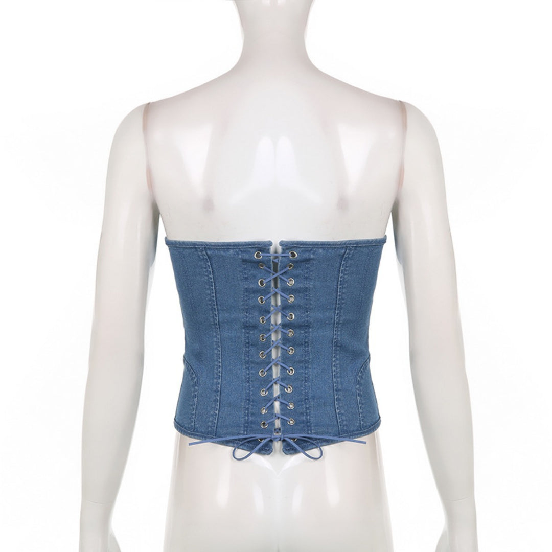 R&B | Schlankes Denim-Röhrentop mit Wellenkragen und Fischgrät