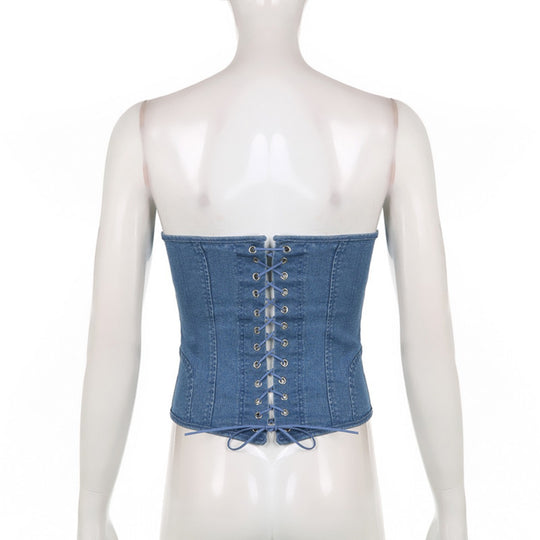 R&B | Schlankes Denim-Röhrentop mit Wellenkragen und Fischgrät