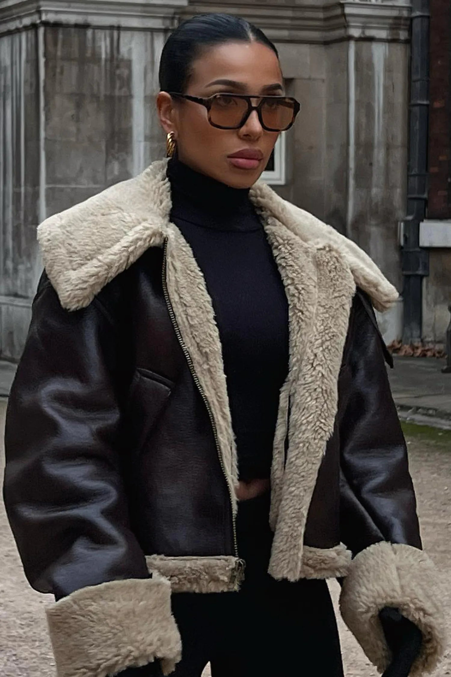 R&B | Kunstleder Shearling Jacke Übergröße Schnitt