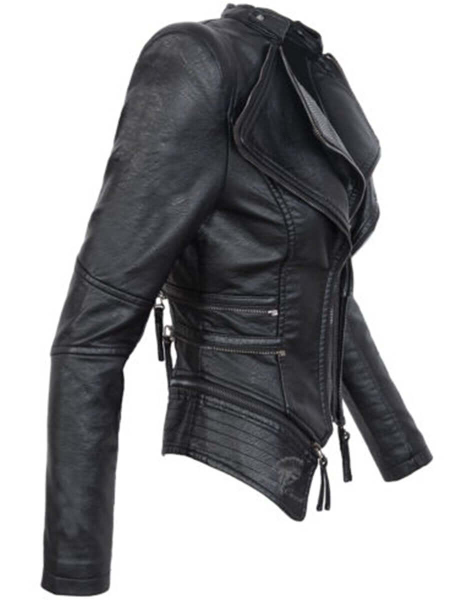 R&B | Damen Schwarze Asymmetrische PU-Leder Bikerjacke