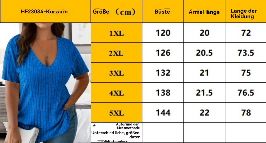 R&B | Solide Farbe große Größe V-Ausschnitt Grube Streifen kurze Ärmel